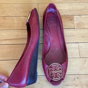Tory Burch Red Leather Low Wedge Peep Toe, size 10M